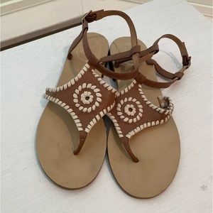 Jack Rogers Maci Leather Sandals Size 7 Cognac Brown Tan Medallion Coastal Boho